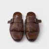 Shuffle Antiqued Leather Mules with Buckled Strap and Fringe