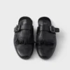 Shuffle Antiqued Leather Mules with Buckled Strap and Fringe