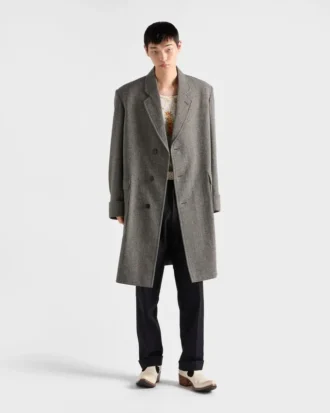 Single-Breasted Houndstooth Check Wool Coat